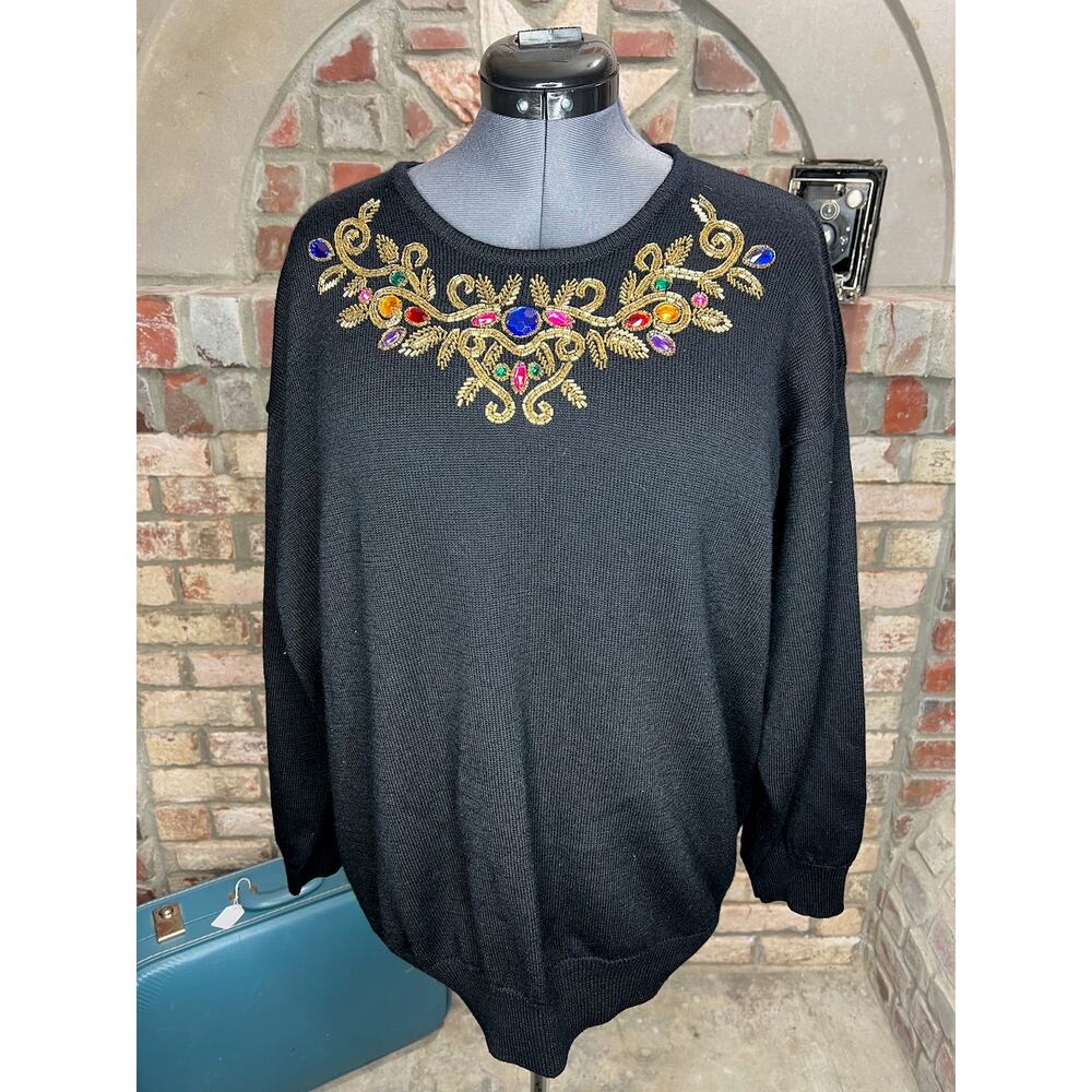 Liz Claiborne 1980s beaded statement sweater shoulder pads black gold
